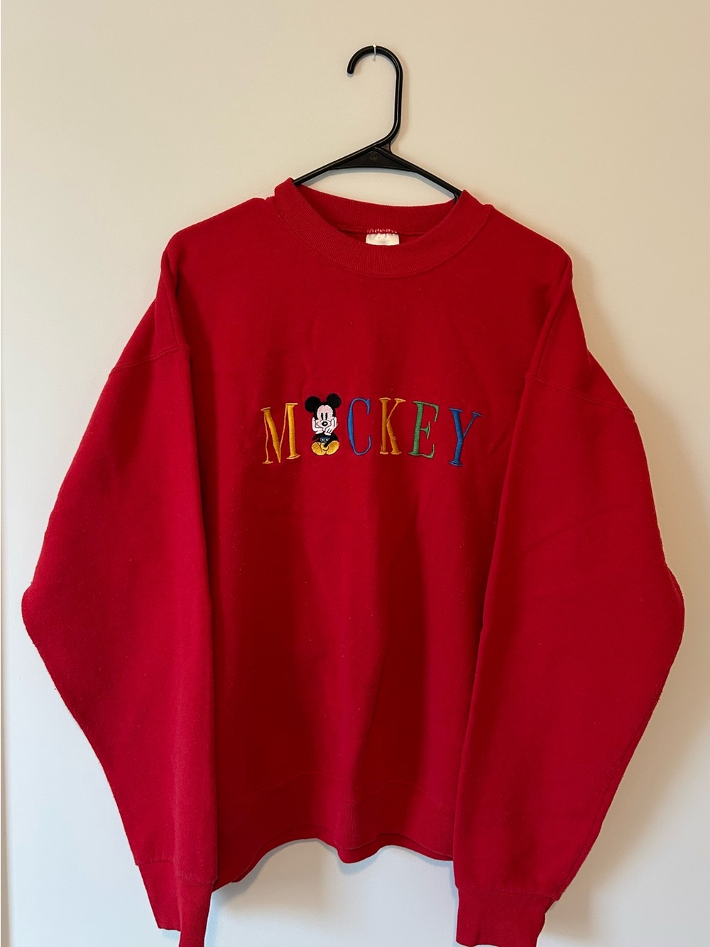 RETRO 90s Disney "MICKEY" Embroidered Red Crewneck Pullover Sweatshirt XL